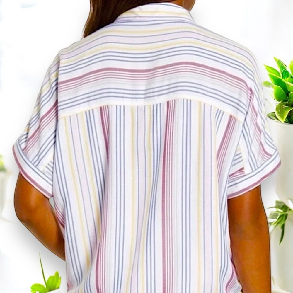 Beach Lunch Lounge Linen Rainbow Brooklyn Womens Stripe Tie-Front Button-DownTop - Picture 5 of 16